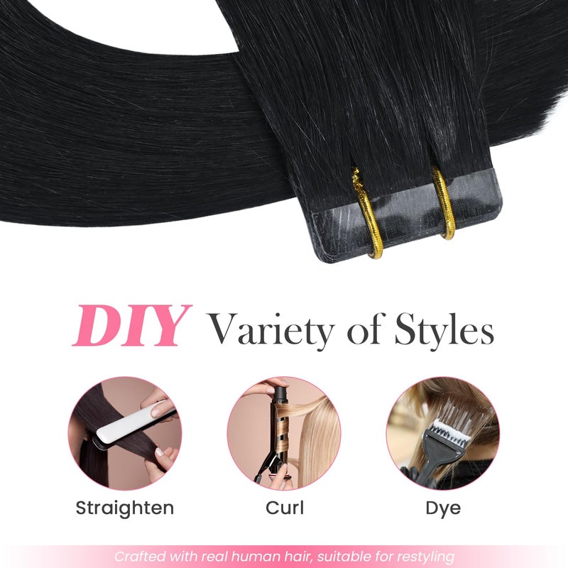 Aison Jet Black Tape in Hair Extensions Human Hair 16 Inch 30G Black Invisible Tape in Extensions for Women 20 Pcs/Package - Image 4